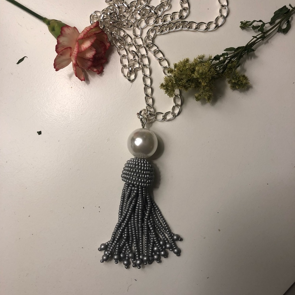 White and silver beaded tassel necklace